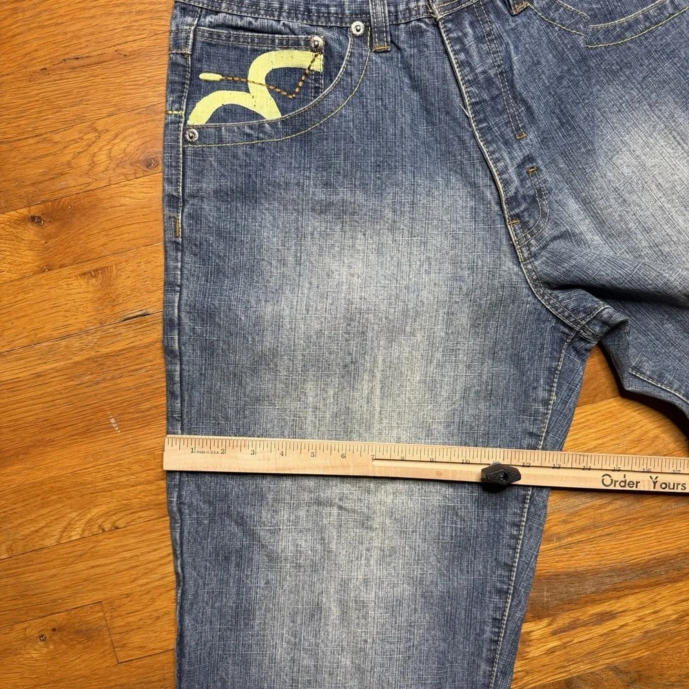 Delf Trading Jeans Men's 34x32 Y2K Wide Leg Grunge Evisu Style Denim Embroidered